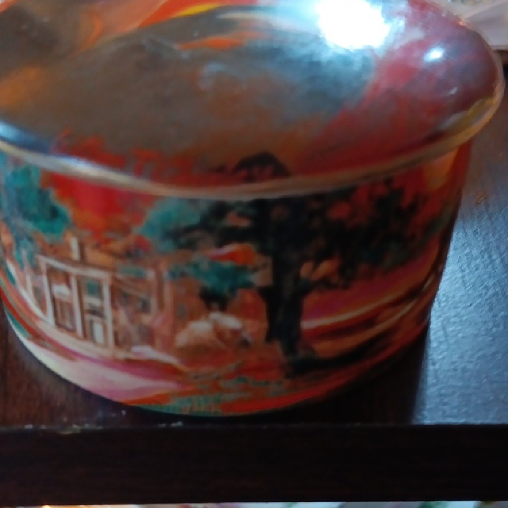 Vibrant Red and Teal Ceramic Art Container with Scenic Design